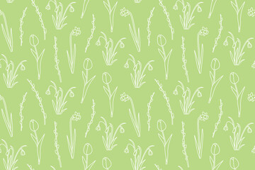 green spring, Easter seamless pattern with daffodils, snowdrops, willow catkins branches and tulips - vector illustration