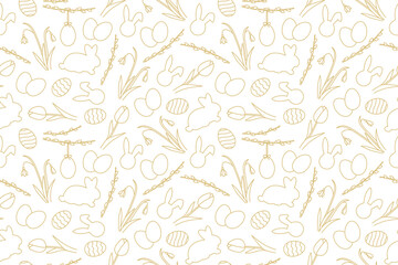 seamless Easter golden pattern with bunnies, tulips, snowdrops, willow catkins branches and eggs - vector illustration - 564696732