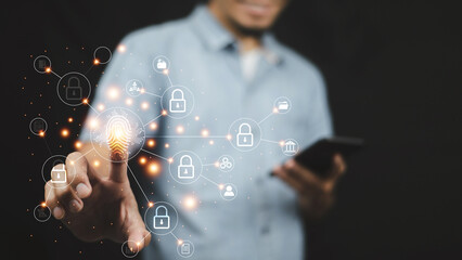 Businessman Fingerprint scan provides security access with biometrics identification, person touching screen with finger in background