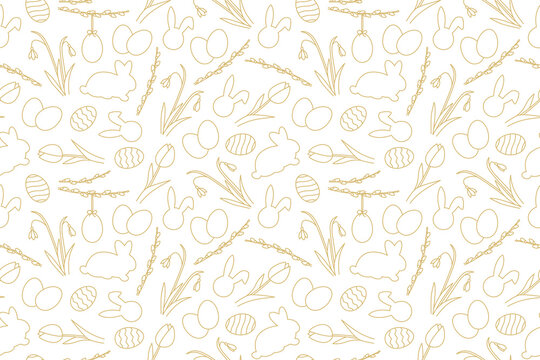 seamless Easter golden pattern with bunnies, tulips, snowdrops, willow catkins branches and eggs - vector illustration