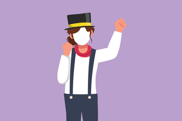 Graphic flat design drawing female mime artist say hi with celebrate gesture, white face make up puts on silent motion comedy show at circus show. Creative industry. Cartoon style vector illustration