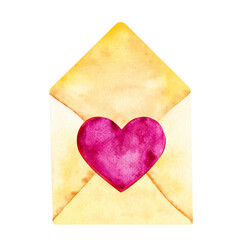 Obraz na płótnie Canvas Hand drawn watercolor illustration of opened postal envelope with heart shaped sticker isolated on a white background.