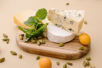 Cheese plate. Different types of cheeses on wooden board