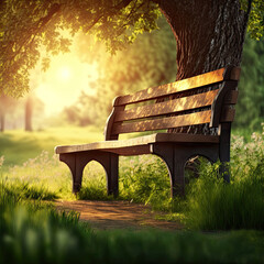 Natural Wooden Bench in a Park Setting with Tree in the Background