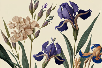 Drawing of flowers irises and bird in modern style, tropical print pattern natural element on beige background, trend art botanical design, vintage colors. Generative AI