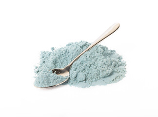 Fototapeta na wymiar Blue spirulina powder in spoon isolated on white background. Natural vegan superfood. food supplement.