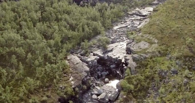 Aerial view of Galggojohka river on the E8 Nordlysveien road in summer when it&acute;s dried up, Storfjord, Troms og Finnmark, Norway. 