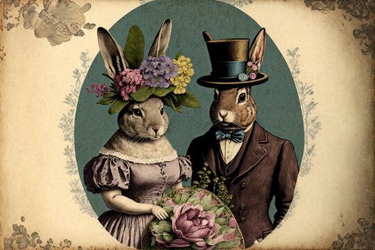 Vintage style Easter bunny greeting card design. Funny retro scrapbook background. Digital Illustration, Generative AI