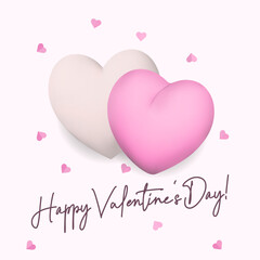 Fototapeta na wymiar 3d vector love illustration with pink and white hearts, lettering Happy Valentine's Day on white backdrop. Festive background is perfect for greeting cards, gift decoration, prints and posters