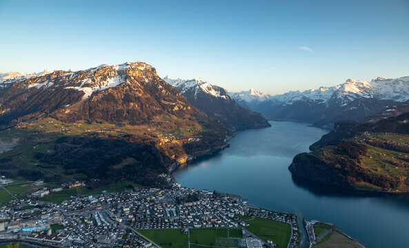 View of Ingenbohl after sunset, above Vierwaldstaetensee