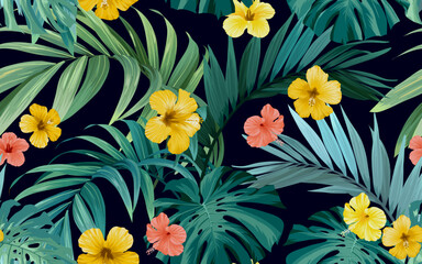 Tropical pattern with green monstera leaves and hibiscus flowers. Summer vector background or textile illustration. © Ms.Moloko