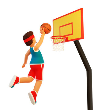 3d basketball game. Player throws the ball into the basketball hoop. Slam dunk. 3d render