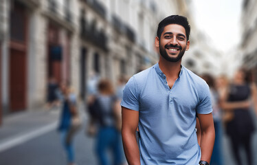 Multiracial young handsome man in blue shirt on blurry background. Generative AI
