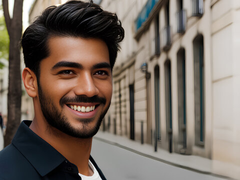Middle Eastern dark black happy smiling man portrait on street background. Generative AI