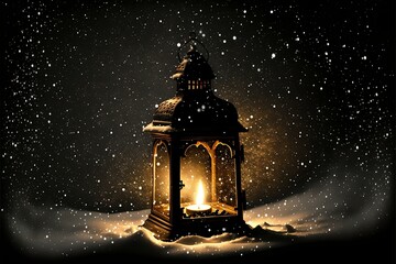 Old Lantern on the snow with burning candle on a snowy winter night