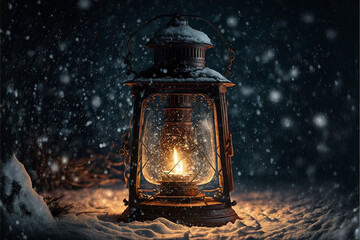 Old oil Lantern with burning candle on a snowy winter night