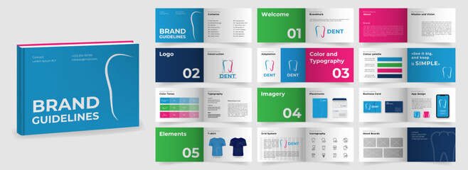 Brand Guidelines template. Brand Manual presentation mockup. Multicolored Logo Guideline template. Logo Guide Book layout. Logotype presentation - obrazy, fototapety, plakaty