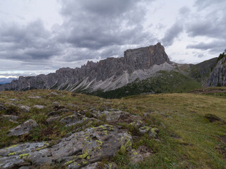 Lastoni di Formin mountain on a cloudy day in the Dolomites