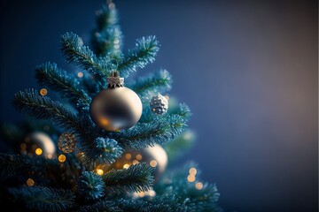 Obraz na płótnie Canvas Weihnachtsbaum mit Weihnachtskugeln in blau dekoriert, ai generativ