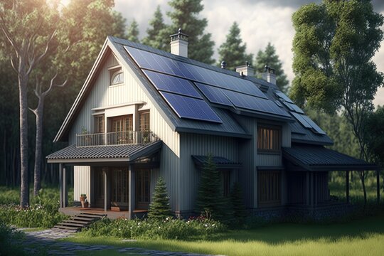Concept art of a house with solar panels on the roof in the forest. Generative ai.