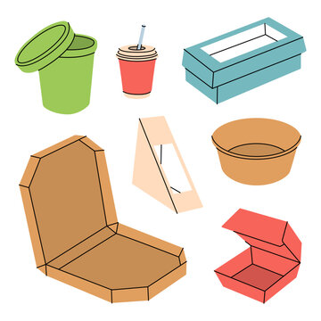 Takeaway cardboard boxes set. Street food packaging. Paper and plastic delivery containers. Closed and opened takeaway boxes. Take away packages