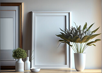 Frame with white vase of flowers over light wall. Mockup Template AI Generated