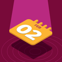 February 2nd - Yellow 3D calendar floating with spotlight