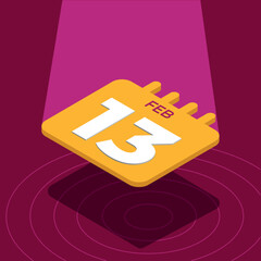 February 13th - Yellow 3D calendar floating with spotlight