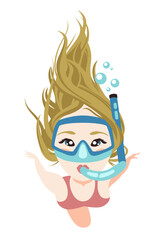 Girl in mask is snorkeling under water