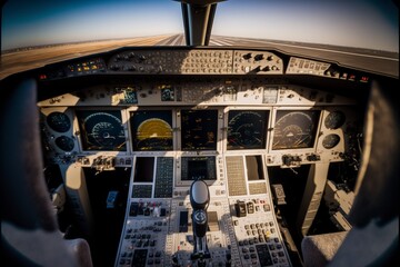 Vorne im Cockpit Einsicht zur Technik und Instrumententafel. AI generativ