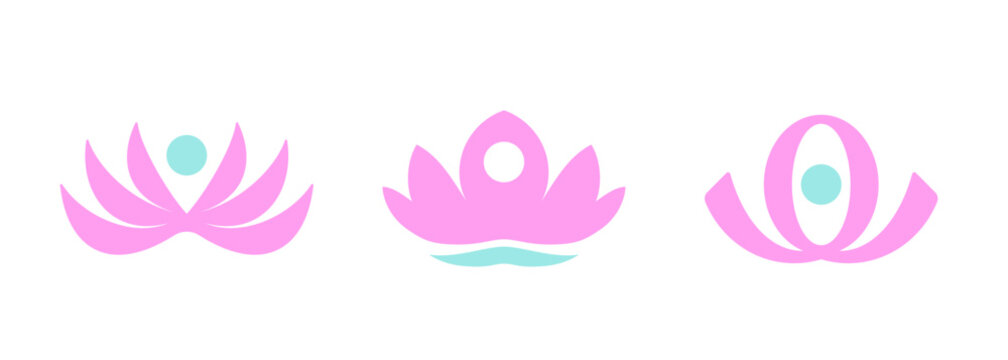 Abstract logo templates set of stylized meditating human silhouette and blooming lotus flowers. Simple vector emblem for yoga, meditation, relaxation, inner concentration or spiritual practice
