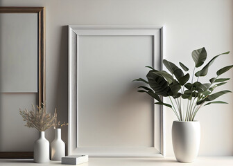 AI Generated. Empty picture frame mockup. White wall background. Vase with branches.