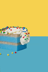 Blue kitchen cleaning sponge as a sponge cake with whipped cream and colourful sprinkles on yellow blue background. Creative concept of holiday celebrating. Happy birthday wallpaper. Household.