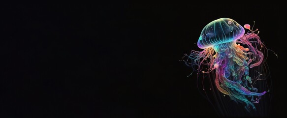 Neon Jellyfish On Black Background Header Generative AI