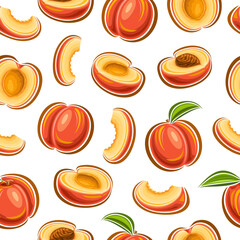Vector Peach Seamless Pattern, square repeating background with cut out illustrations of ripe chopped peaches with green leaves for wrapping paper, group of flat lay peach fruits for home interior