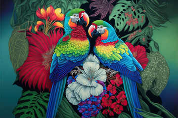 Zwei Papageien in den Farben grün, gelb, rot orange, und blau