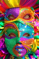 mask with two faces, centered on the image, super fashion carnival costume, jewel, flashy, colorful and bright. Generative Ai