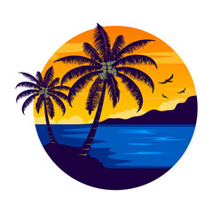 Obraz premium Beach vector design, beach waves theme, palm trees, island, and sunset, logo illustration design