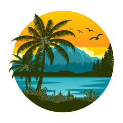 mountain and sunset logo inspiration design. concept of beach, palm trees and sunset.
