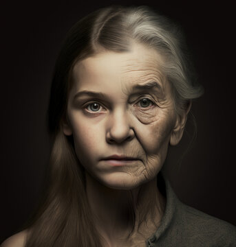 illustration of half face girl and the other grandma, aging concept, generative AI