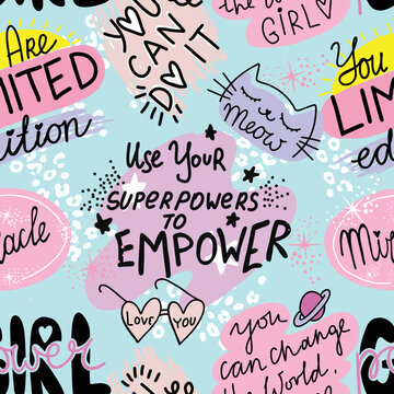 Girls seamless pattern with calligraphic slogan, hearts, words  . background for texylie, graphic tees, kids wear. Wallpaper for teenager girls. Fashion style