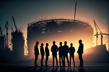 Fototapeta premium Silhouette of business people shake hand in constructions site office with backlight nigh sunset, generative ai