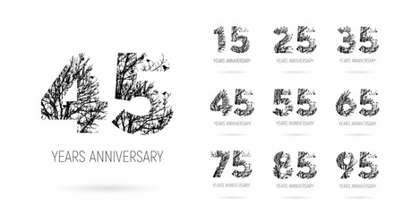 Icons for the anniversary. Flat design. 15, 25, 35, 45, 55, 65, 75, 85, 95, Birthday logo label in tree crown image, black and white printed. Vector illustration. Isolated on white background.