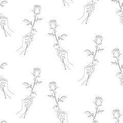 Hand drawn hand drawn hand drawn rose seamless pattern. Continuous line drawing of fashion. Vector illustration.