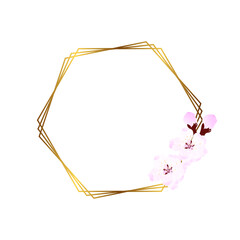 Gold frame with soft pink flowers. Wedding invitation template. Vector illustration. A wreath of cherry blossoms. Spring cherry blossoms. Symbol of love