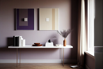 Beautiful colorful interior design in pale lilac and white, Home Decoration, generative ai
