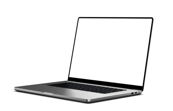 Laptop modern frameless with blank transparent screen and background - angled view super high detailed photorealistic vector