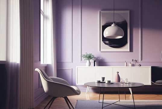 Beautiful colorful interior design in pale lilac and white, Home Decoration, generative ai