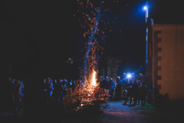 Orthodox Christmas celebration in Montenegro and Serbia, process of burning the Badnjak, fire with...