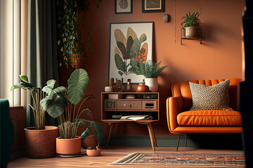 Beautiful retro living room in warm caramel autumn colors, Interior Design Ideas, Home Decoration, generative ai - obrazy, fototapety, plakaty